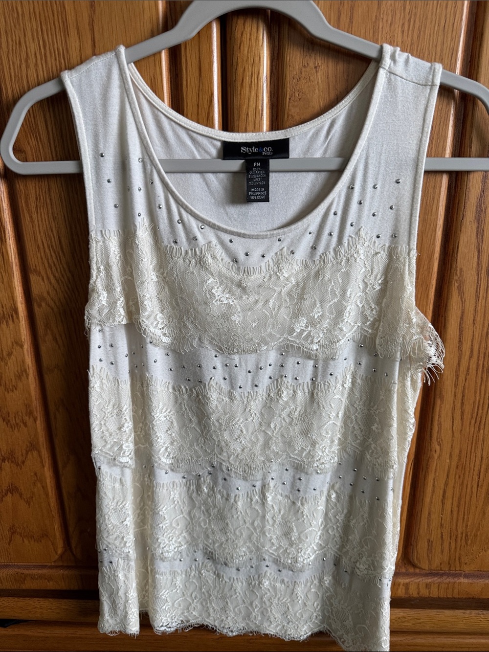 Style & Co. Ivory Lace-Trim Studded Tank Top